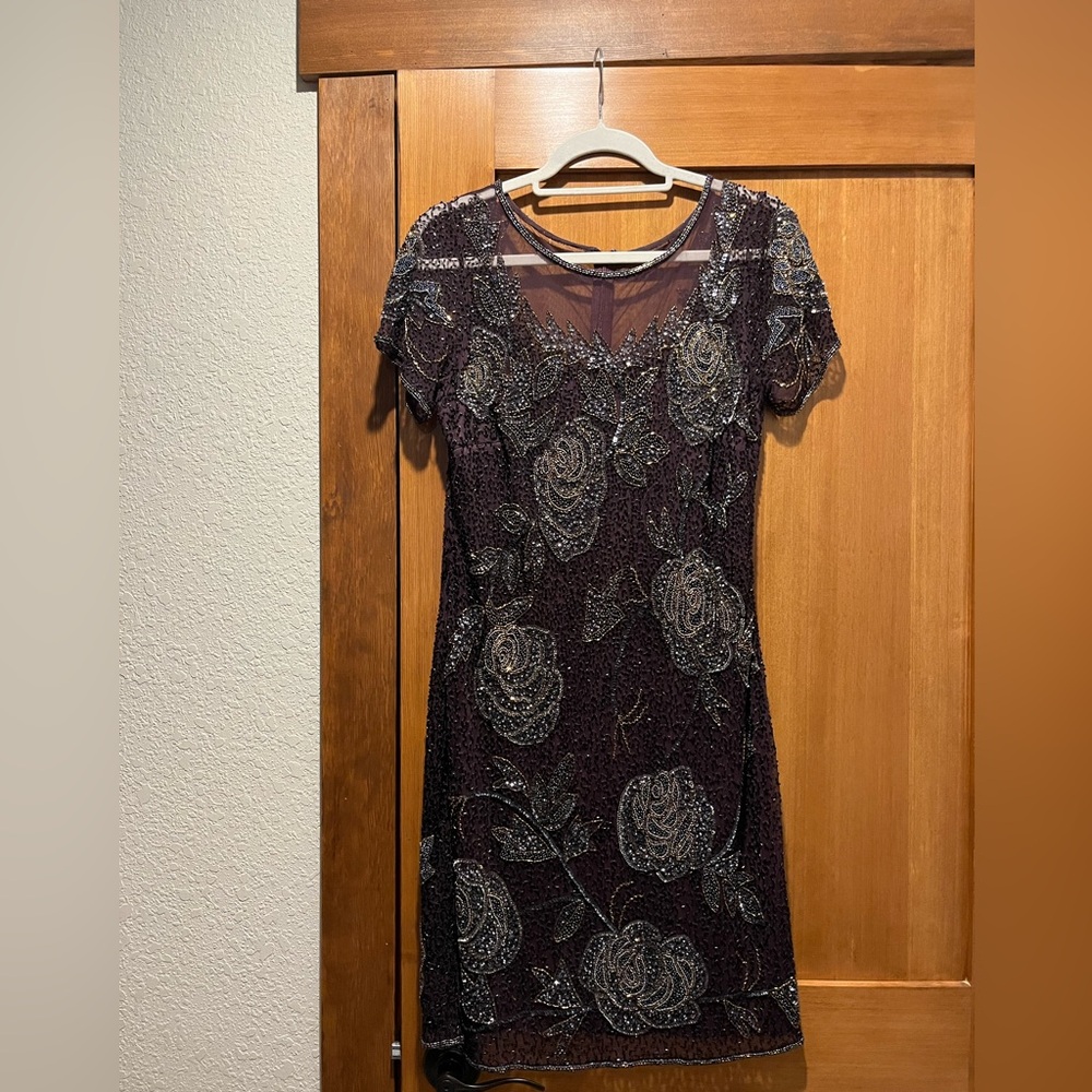 Pisarro Nights Beaded Cocktail Dress in Wine